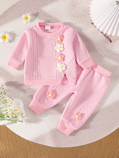 Ensemble élégant pour bébé fille comprenant un sweat-shirt à fleurs tridimensionnelles et un pantalon à manches longues, idéal pour l'extérieur