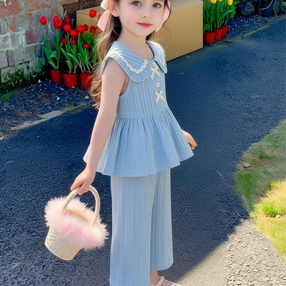 Ensemble 2 pièces pour petites filles, haut sans manches à col Peter Pan avec volants + pantalon large à texture, tenue décontractée d'été, ensemble de pantalons longs à la mode et ludiques pour filles, convient pour les sorties, les séances photo et les