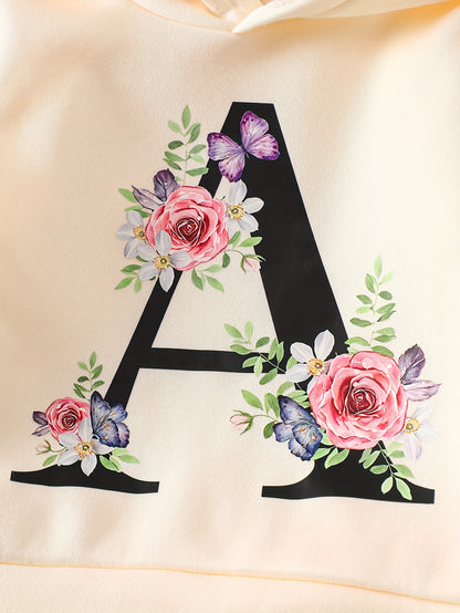 Ensemble sweat à capuche et pantalon imprimé à fleurs coupe trapèze pour bébé fille, automne et hiver, une tenue à la mode et décontractée pour filles, adaptée aux loisirs en plein air, aux rassemblements et à la photographie, un cadeau pour enfants, parf