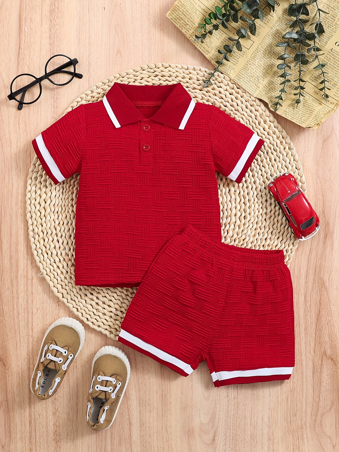 Ensemble d'été pour garçons, 2 pièces, polo et short, tissu jacquard idéal pour l'extérieur