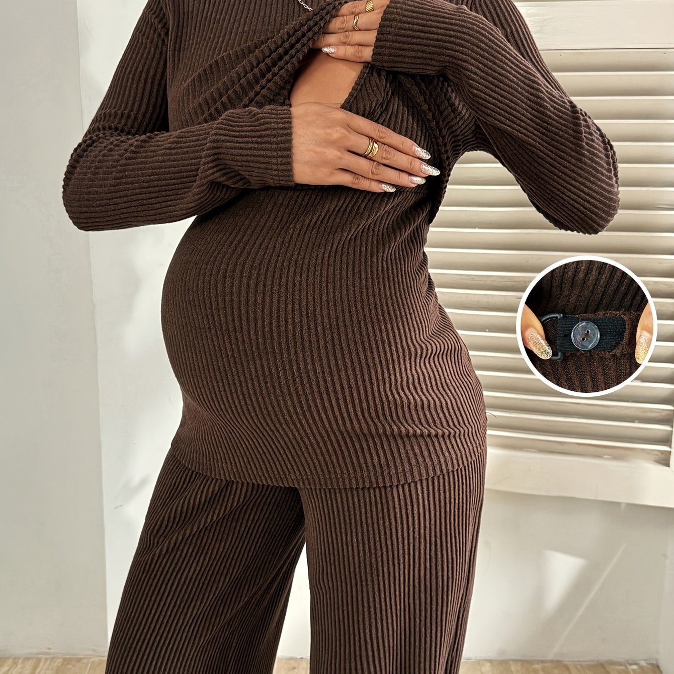 Ensemble 2 pièces de maternité pour l'allaitement, tenue de grossesse style printemps/automne, combinaison marron et pantalon long – Doux, confortable et décontracté