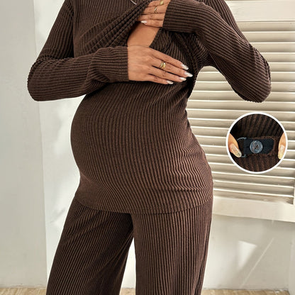 Ensemble 2 pièces de maternité pour l'allaitement, tenue de grossesse style printemps/automne, combinaison marron et pantalon long – Doux, confortable et décontracté