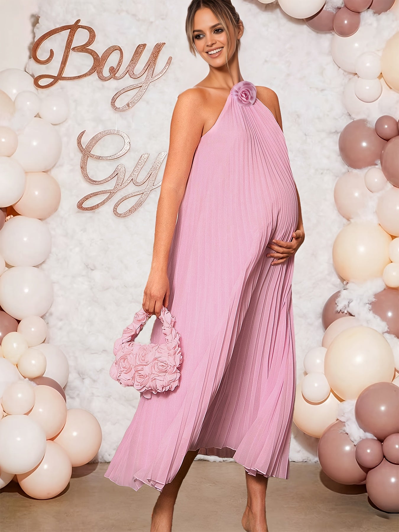 Robe longue maxi plissée à camisole de maternité avec embellissements floraux roses, robe longue fluide sans manches en A, adaptée aux baptêmes, séances photo et vêtements de grossesse
