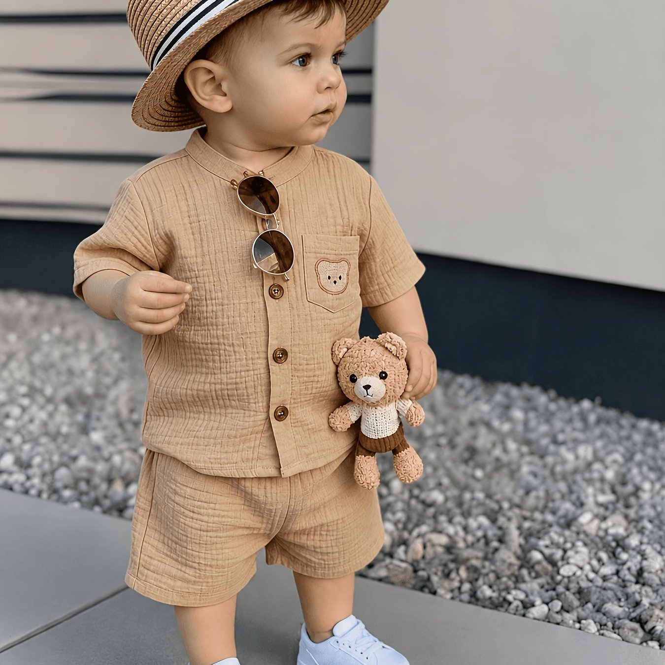 Ensemble 2 pièces : Chemise à manches courtes et col montant et short d'été pour garçon de 0 à 3 ans. Comprend un écusson d'ourson, convient aux scènes de plein air pour les petits garçons, simple, décontracté et polyvalent, parfait pour l'extérieur