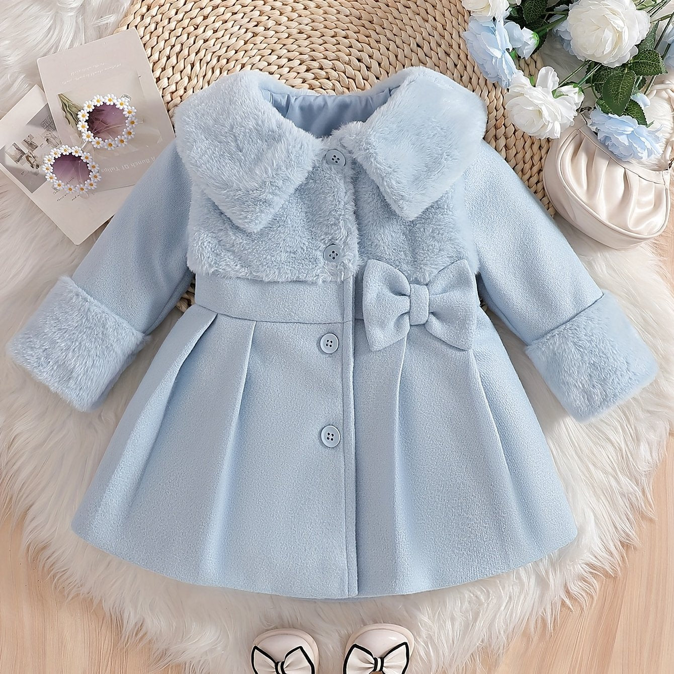 Tenue de la Saint-Valentin pour Fille, Cardigan à Revers en Peluche Irrégulière pour Fille Automne/Hiver avec Patchwork en Fausse Fourrure, Nœud en Mélange, Veste Cardigan à Boutons. Convient pour les Sorties, les Cadeaux, les Vêtements de la Rentrée Scol