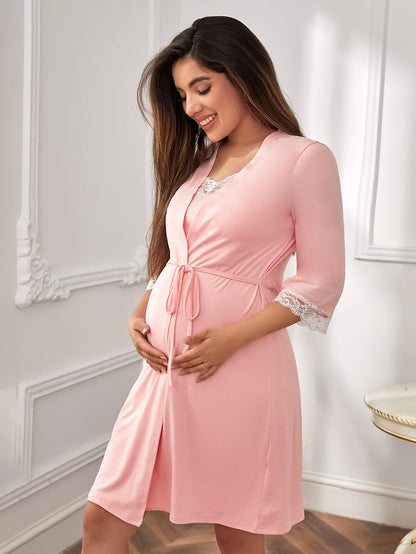 Pyjama de maternité  à dentelle, ensemble de 2 robes, chemise de nuit d'allaitement, tenue adaptée à l'allaitement, vêtement de maternité de printemps