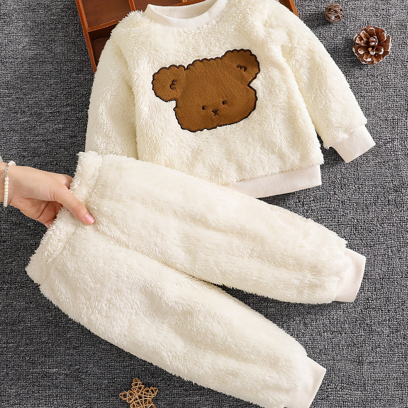Vêtements unisexe pour bébé, ensemble 2 pièces doux et chaud avec imprimé tête d'ours en peluche, tenue de tous les jours pour la maison et l'extérieur