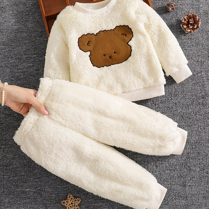Vêtements unisexe pour bébé, ensemble 2 pièces doux et chaud avec imprimé tête d'ours en peluche, tenue de tous les jours pour la maison et l'extérieur