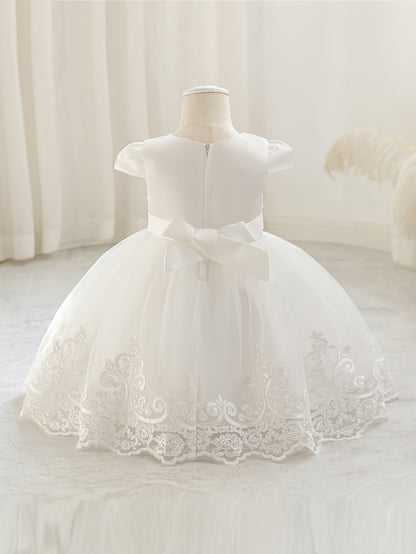 Nouvelle robe de 1er anniversaire avec nœud, jupe de princesse florale, tutu en tulle et maille pour enfants, robe de scène de piano pour filles, robe de princesse en maille brodée 3D