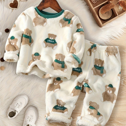 Ensemble 2 pièces : Haut sweatshirt douillet à motif ours pour bébé garçon et tout-petit + Pantalon chaud à taille élastique, Tenue automne/hiver, Pull décontracté sportif pour bébé garçon avec pantalon long chaud, Vêtements d'hiver, Vêtements pour enfant