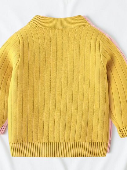Pull-over Le Cocon d'Or jaune à col rond en maille côtelée pour enfant, style décontracté automne-hiver