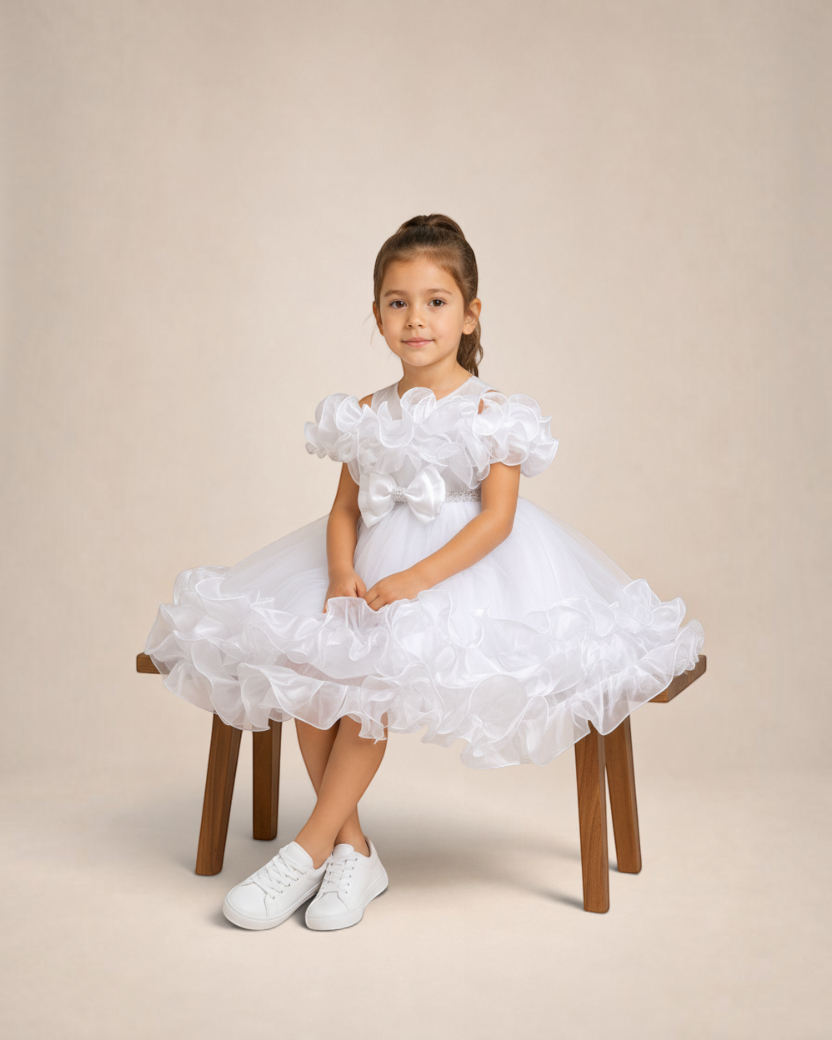 Petite fille portant la robe blanche Royal Bloom de Le Cocon d'Or avec détails en perles et volants élégants