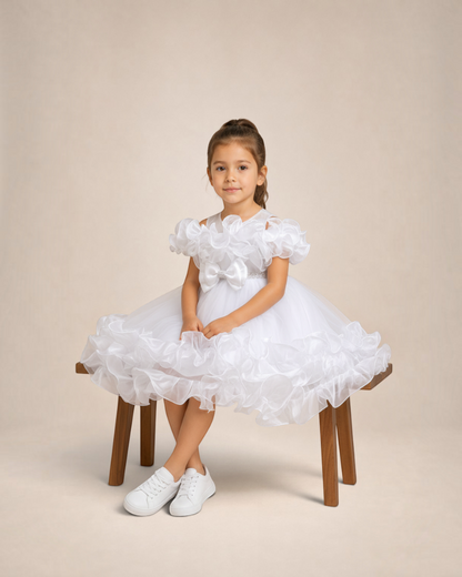 Petite fille portant la robe blanche Royal Bloom de Le Cocon d'Or avec détails en perles et volants élégants