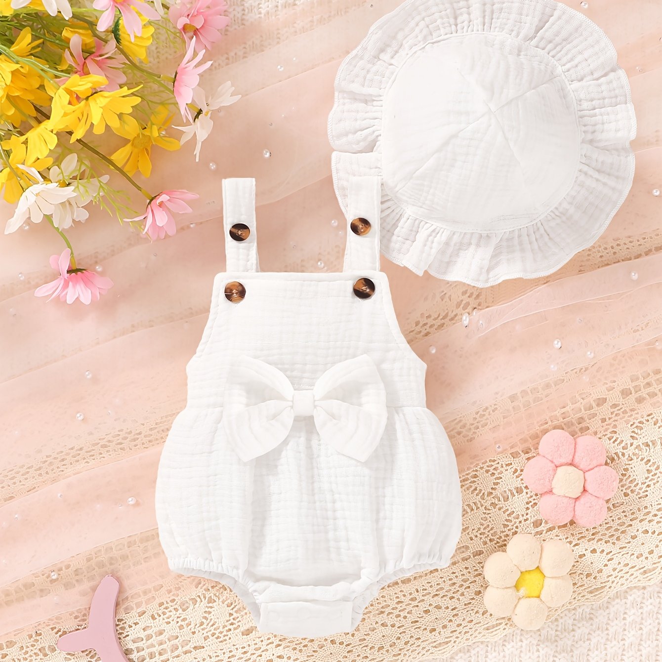 2pcs, Vêtements mignons pour bébés filles, Décontracté, élégant, doux et confortable, Ensemble combinaison et chapeau de couleur unie décoré de nœud, Articles pour bébés, Vêtements pour bébés filles nouveau-nées, Convient pour l'été pour un usage quotidie