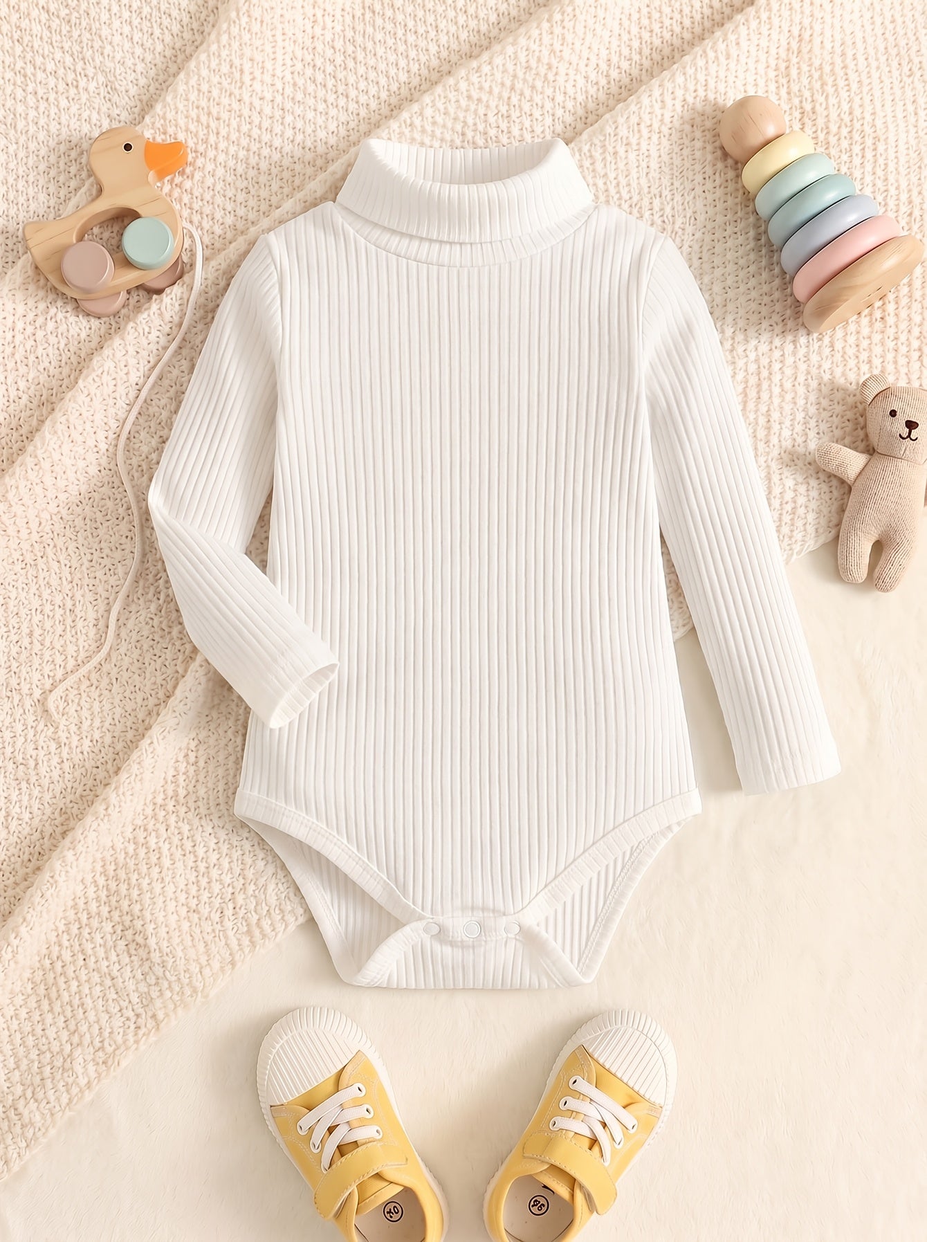 Minieggs Barboteuse à col roulé côtelé pour bébé fille, combinaison thermique unie à manches longues et coupe ajustée pour un usage quotidien, parfaite pour l'extérieur