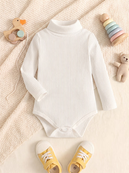 Minieggs Barboteuse à col roulé côtelé pour bébé fille, combinaison thermique unie à manches longues et coupe ajustée pour un usage quotidien, parfaite pour l'extérieur