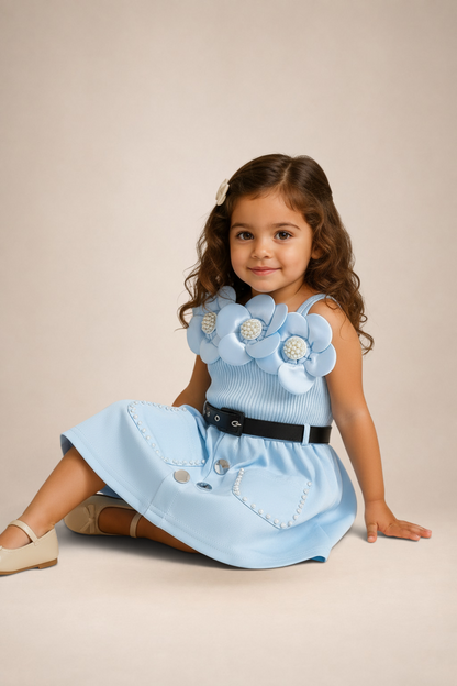 Ensemble jupe bleu clair Le Cocon d'Or pour bébé fille avec fleurs décoratives, ceinture noire et boutons fantaisie