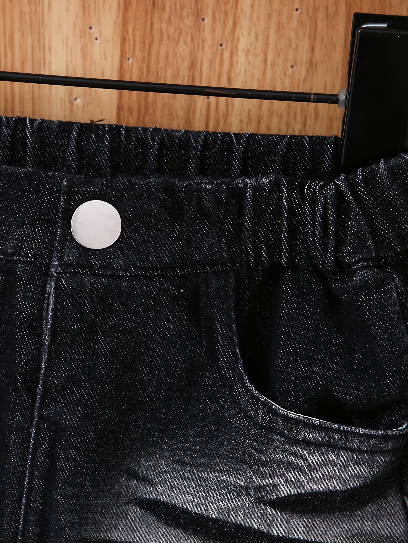 Pantalon garçon noir et gris dégradé aspect denim usé avec ceinture élastique - Pantalon décontracté ample, tissu non extensible, confort toutes saisons, poches