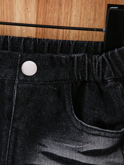 Pantalon garçon noir et gris dégradé aspect denim usé avec ceinture élastique - Pantalon décontracté ample, tissu non extensible, confort toutes saisons, poches