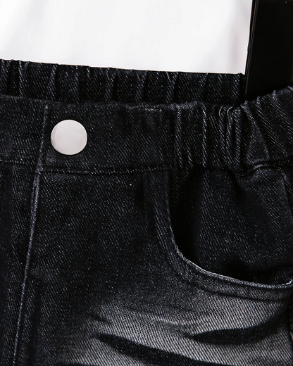 Pantalon Le Cocon d'Or pour bébé garçon en coton noir effet denim dégradé avec ceinture élastique et bouton