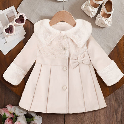 Tenue de la Saint-Valentin pour Fille, Cardigan à Revers en Peluche Irrégulière pour Fille Automne/Hiver avec Patchwork en Fausse Fourrure, Nœud en Mélange, Veste Cardigan à Boutons. Convient pour les Sorties, les Cadeaux, les Vêtements de la Rentrée Scol