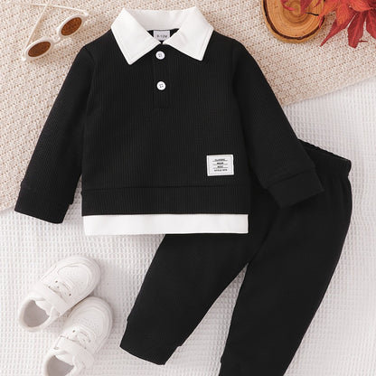Ensemble 2 pièces pour garçon en maille gaufrée 2-en-1 : sweatshirt à manches longues avec revers et boutons et pantalon long à taille élastique, uni, à la mode, polyvalent et confortable, tenue quotidienne, ensemble printemps/automne, vêtements pour garç
