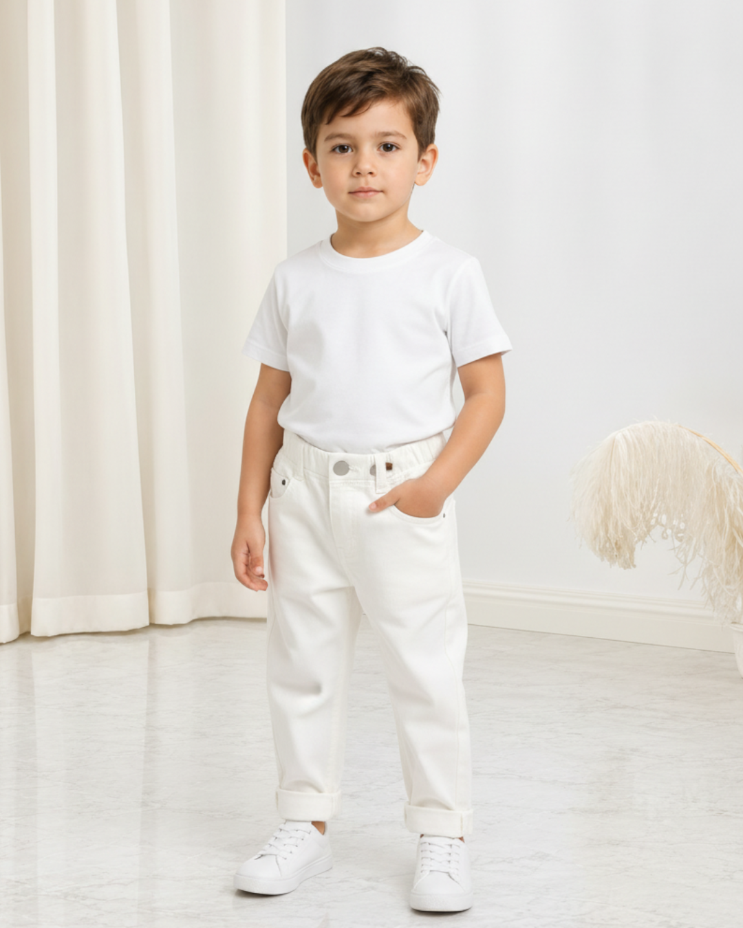 Jeune garçon portant un pantalon décontracté blanc Le Cocon d'Or avec une taille élastique et un t-shirt assorti
