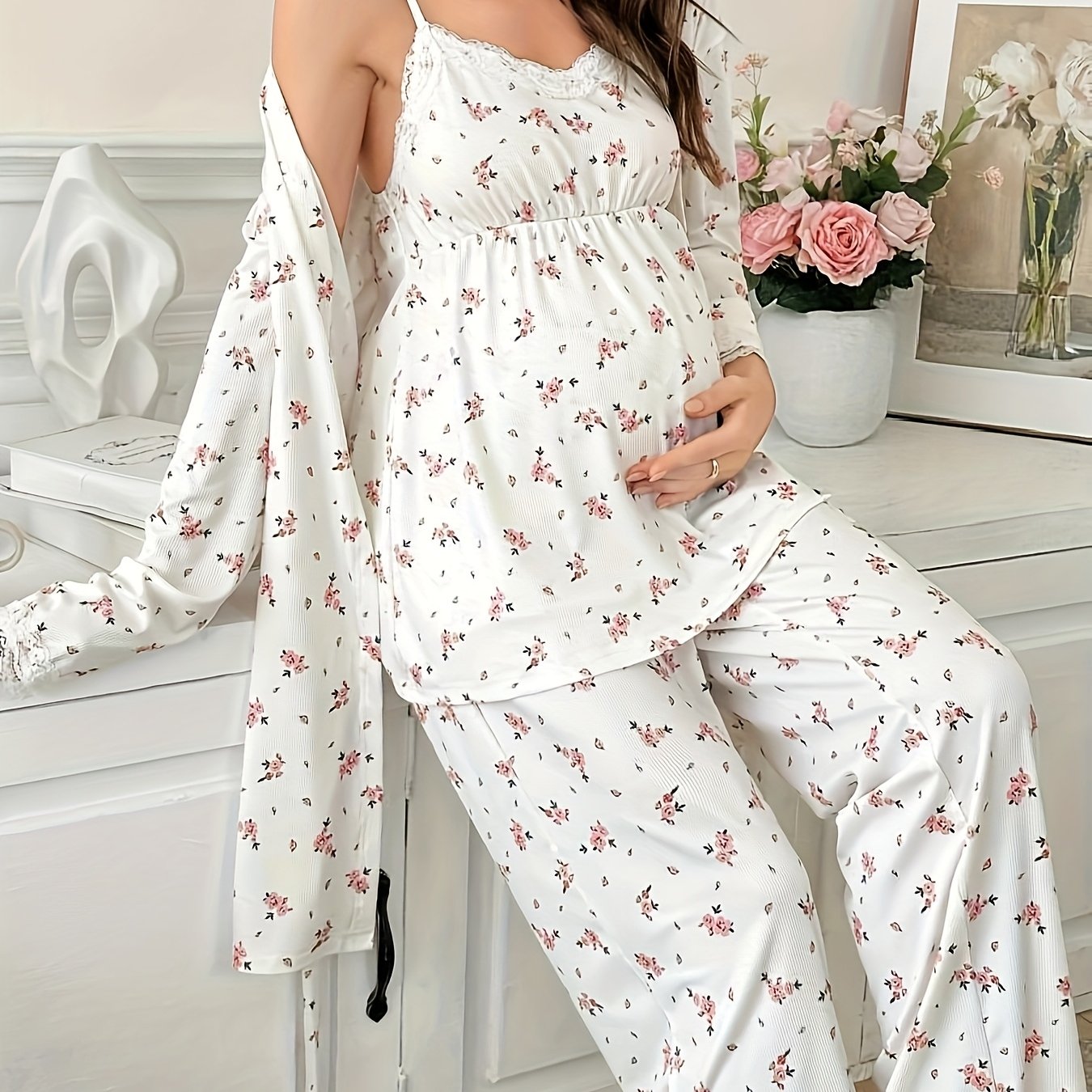 Ensemble Pyjama Maternité 3 Pièces avec Débardeur Dentelle Contrastée, Pantalon et Peignoir pour Femmes Enceintes