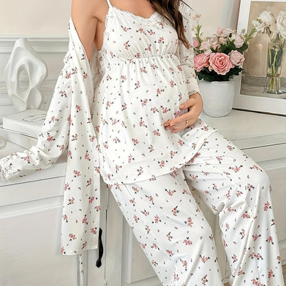 Ensemble Pyjama Maternité 3 Pièces avec Débardeur Dentelle Contrastée, Pantalon et Peignoir pour Femmes Enceintes