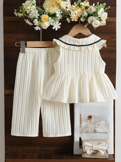 Ensemble 2 pièces pour petites filles, haut sans manches à col Peter Pan avec volants + pantalon large à texture, tenue décontractée d'été, ensemble de pantalons longs à la mode et ludiques pour filles, convient pour les sorties, les séances photo et les