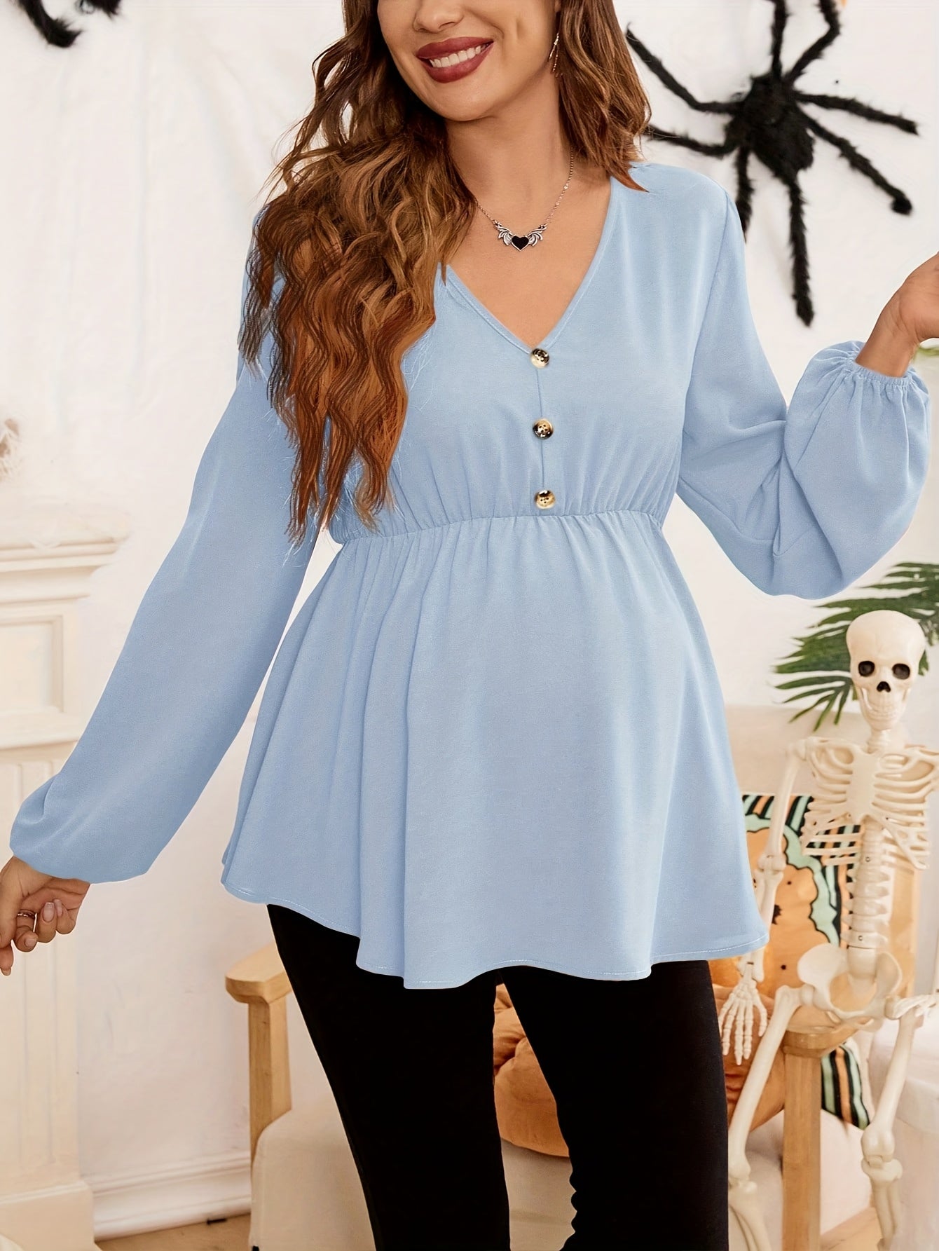 Chemise de Maternité Col V Manches Longues Boutonnée Coupe Ample Couleur Unie Lavable en Machine Haut Confort Décontracté pour Femme Printemps/Automne