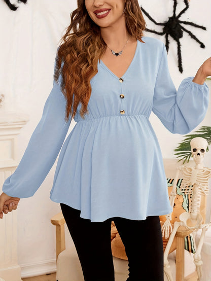 Chemise de Maternité Col V Manches Longues Boutonnée Coupe Ample Couleur Unie Lavable en Machine Haut Confort Décontracté pour Femme Printemps/Automne