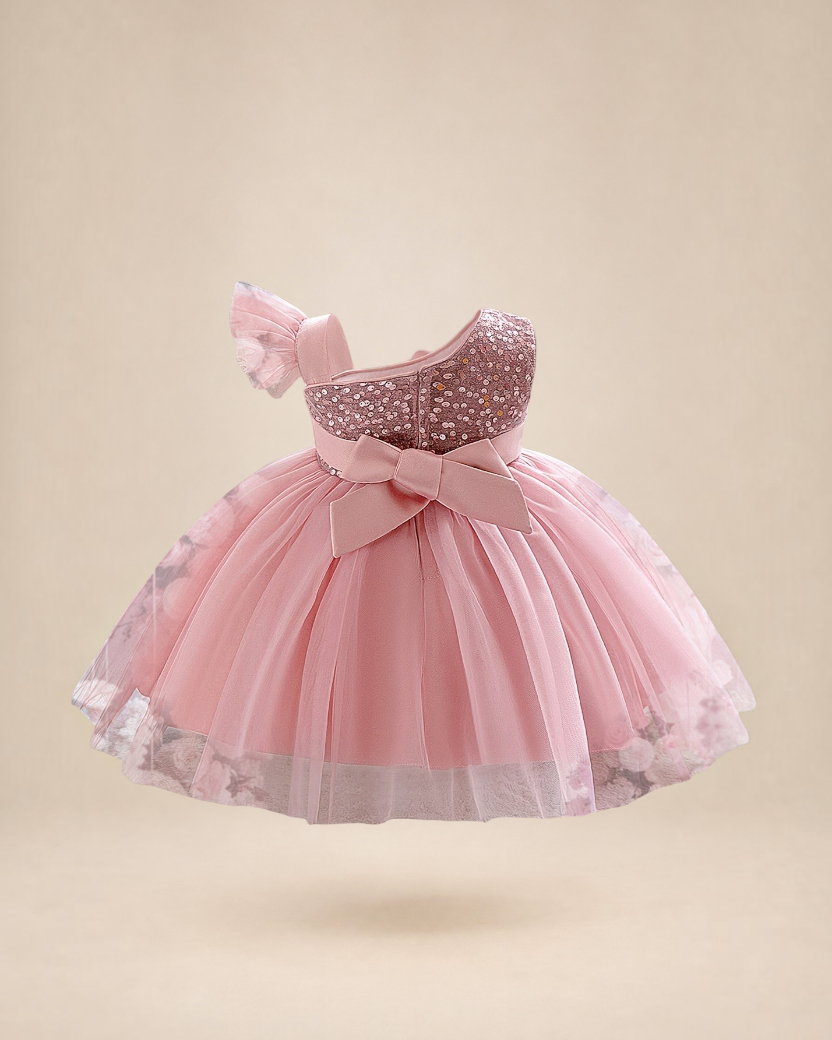 Robe de princesse Le Cocon d'Or rose pour bébé avec sequins, manches à volants, nœud décoratif et jupe en tulle