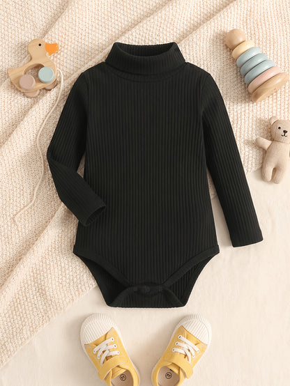 Minieggs Barboteuse à col roulé côtelé pour bébé fille, combinaison thermique unie à manches longues et coupe ajustée pour un usage quotidien, parfaite pour l'extérieur