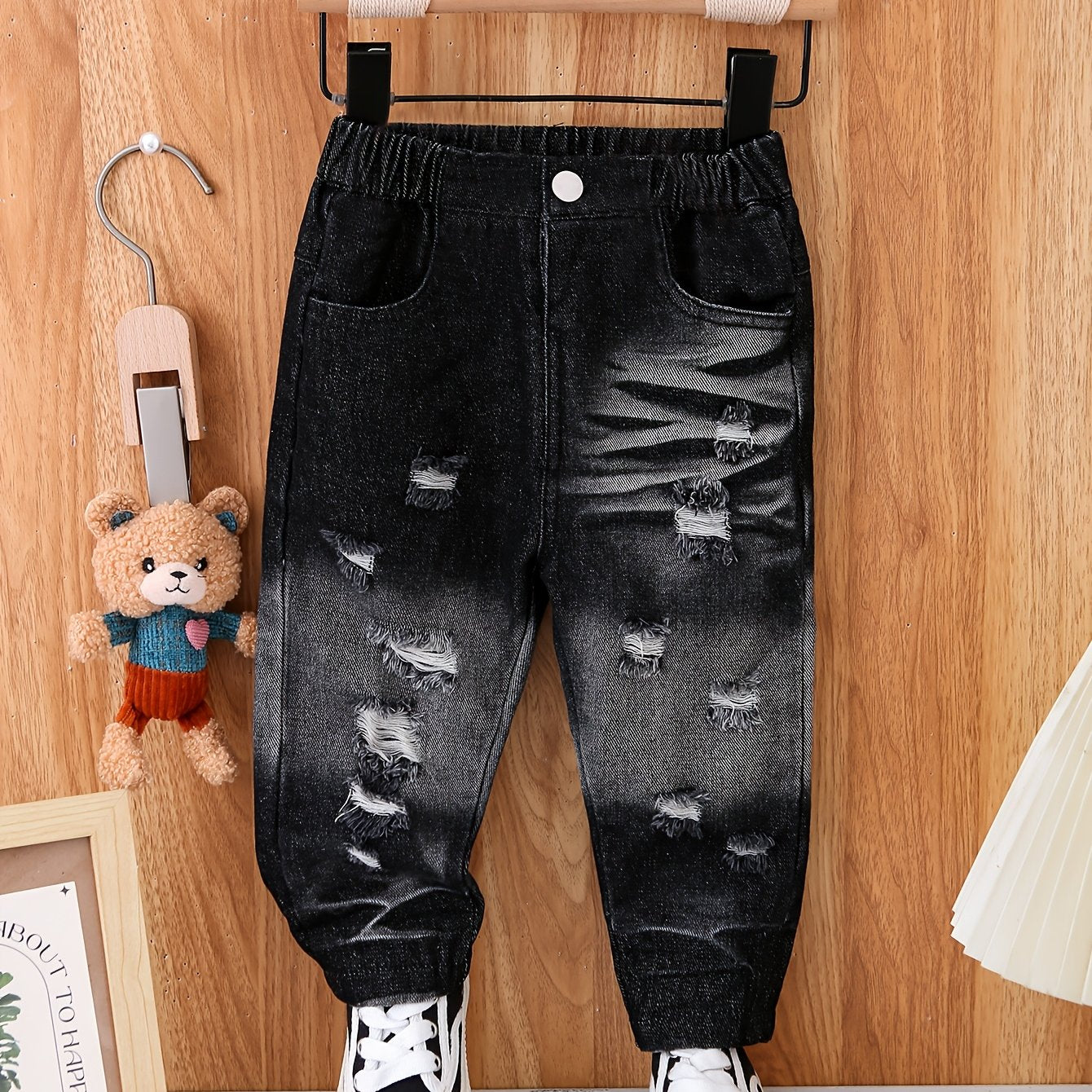 Pantalon garçon noir et gris dégradé aspect denim usé avec ceinture élastique - Pantalon décontracté ample, tissu non extensible, confort toutes saisons, poches