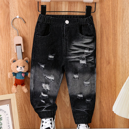 Pantalon garçon noir et gris dégradé aspect denim usé avec ceinture élastique - Pantalon décontracté ample, tissu non extensible, confort toutes saisons, poches