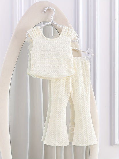 Ensemble de pantalon long pour fille pour la rentrée scolaire, style été, appliqué beige-abricot avec taille élastique des deux côtés et haut à col rond + pantalon long évasé et coupe ajustée de couleur assortie, ensemble 2 pièces en tissu spécial sportif