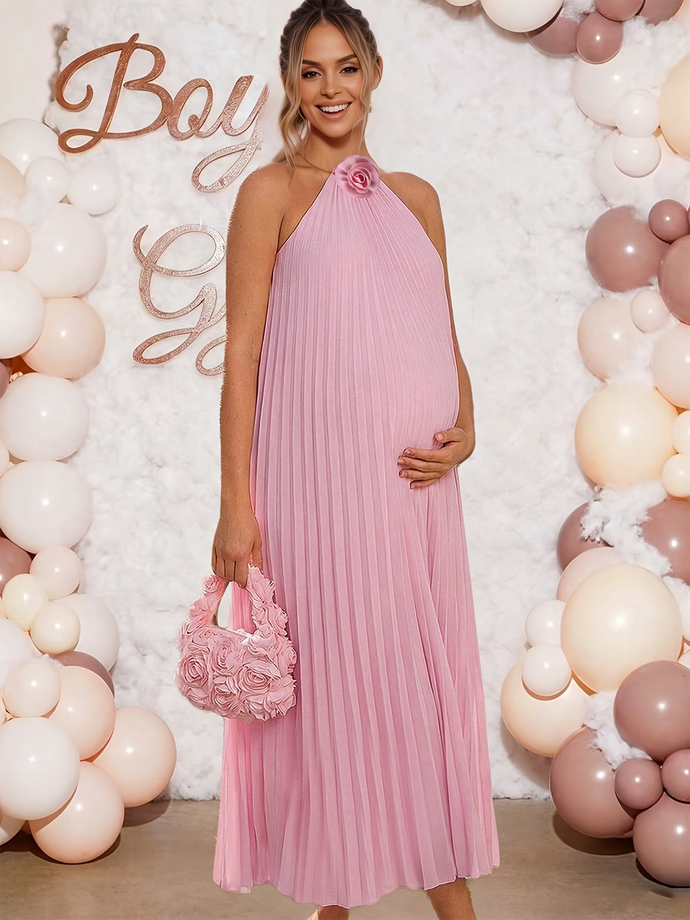 Robe longue maxi plissée à camisole de maternité avec embellissements floraux roses, robe longue fluide sans manches en A, adaptée aux baptêmes, séances photo et vêtements de grossesse