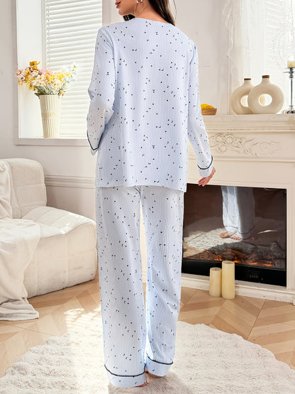 Ensemble de maternité 2 pièces : Haut à manches longues avec revers et imprimé cœurs et Pantalon long ample