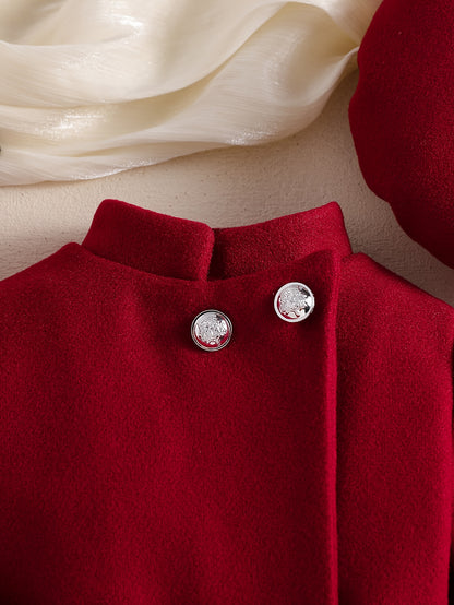 Ensemble robe rouge vintage pour fille pour automne/hiver, tenue de la Saint-Valentin, T-shirt avec jupe courte boutonnée asymétrique + béret, ensemble robe pour fille à la mode et exquis, convient pour les occasions importantes, les fêtes et les banquets