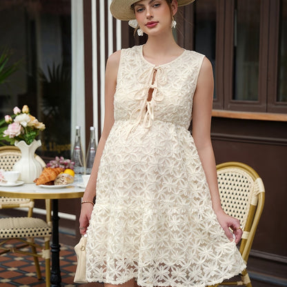 Robe de maternité en dentelle, robe mi-longue d'été sans manches à nouer, coupe ample, gainante, de style français
