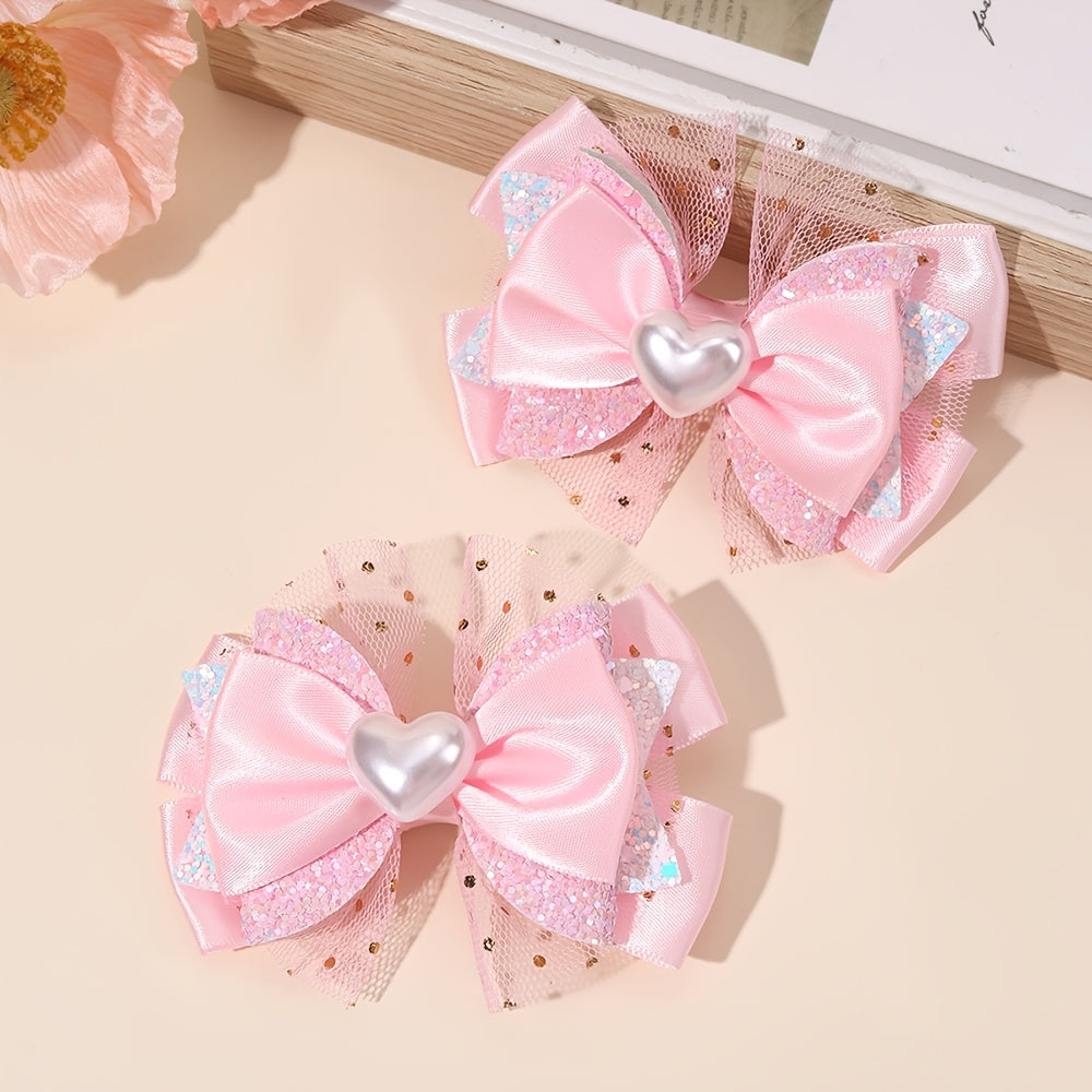 2 pièces Élégants Barrettes à Nœud Cœur pour la Saint-Valentin, Mini Barrettes à Nœud Cœur Décorées, Accessoires à Nœud Pailletés pour Princesse, Cadeaux pour Filles, Saint-Valentin