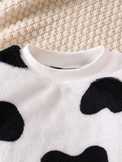 Ensemble Adorable à Imprimé Vache ! Haut Manches Longues à Pois + Pantalon Imprimé Vache, Tenue Décontractée Deux Pièces pour Bébé, Idéal pour l'Extérieur