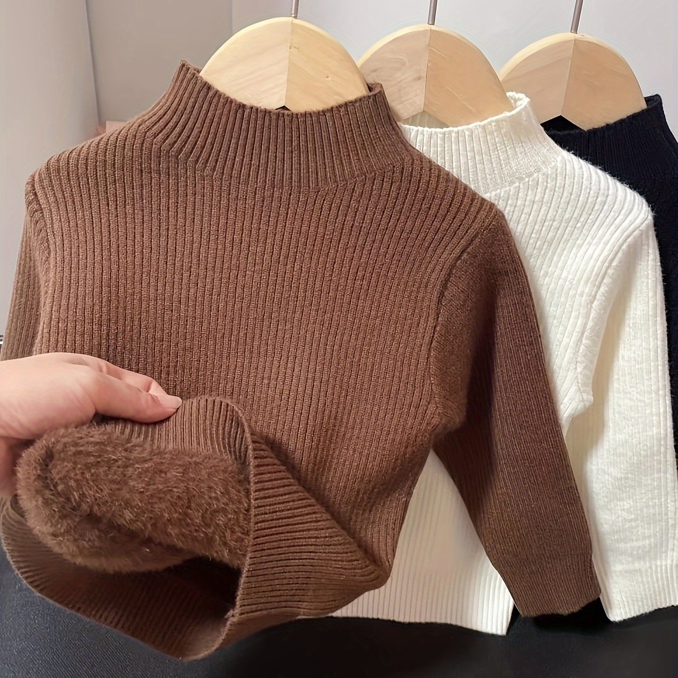 Pull Tricoté, Pull de Base pour Bébé, Plus en Velours et Épaissi, Vêtement Thermique Tricoté, Col Tricoté, Haut à Col Rond