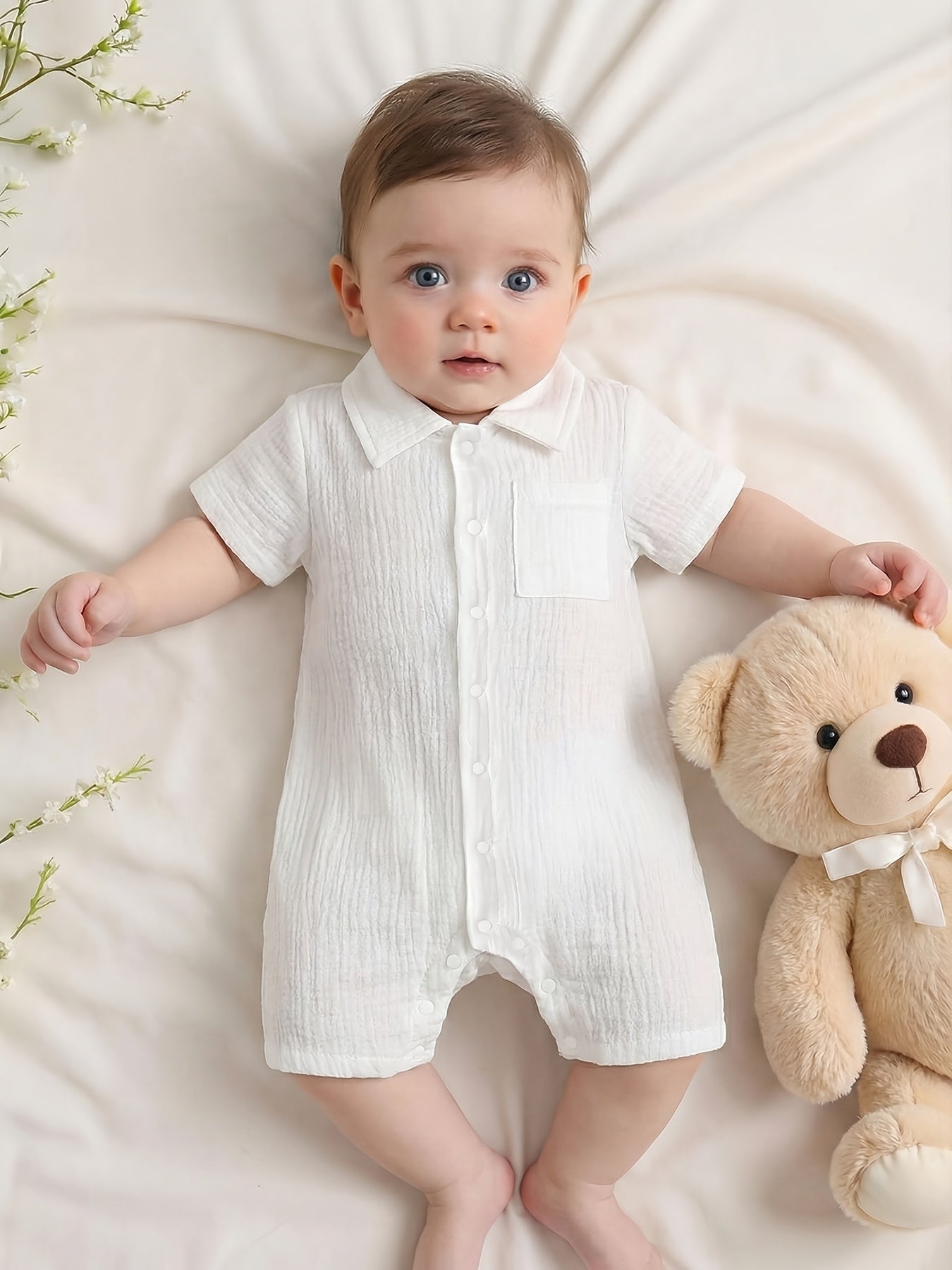 Combinaison d'été blanche à revers pour bébé, manches courtes, nouveau-né, facile à enfiler, design simple boutonné, barboteuse, texture côtelée, tenue de crawl, 0-2 ans, mode bébé, sorties, combinaison, garçons et filles, bébé, polyvalente, couleur unie,
