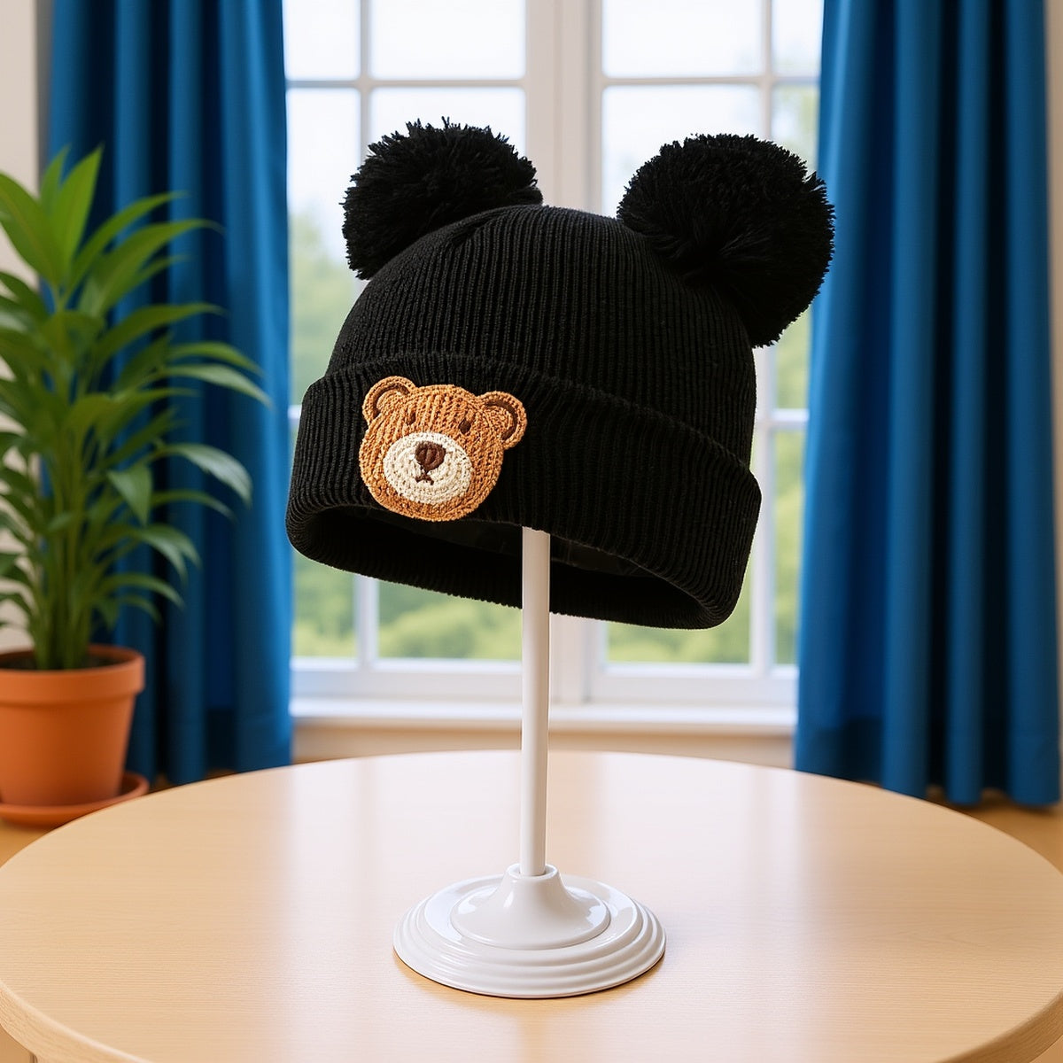 Bonnet d'automne et d'hiver en tricot pour l'extérieur, petit ours à tête ronde et grande tête à double ligne