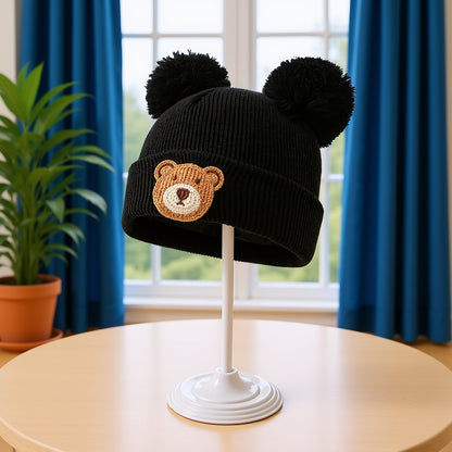 Bonnet d'automne et d'hiver en tricot pour l'extérieur, petit ours à tête ronde et grande tête à double ligne