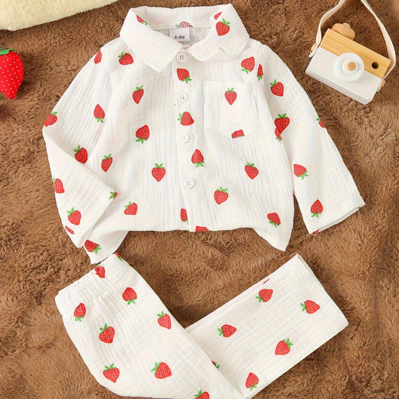 Ensemble 2 pièces pour bébé en crêpe double épaisseur, comprenant un haut à manches longues avec col et imprimé mignon de dessin animé/fruits, et un pantalon long, doux pour la peau et respirant, idéal pour l'extérieur