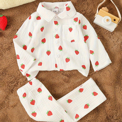 Ensemble 2 pièces pour bébé en crêpe double épaisseur, comprenant un haut à manches longues avec col et imprimé mignon de dessin animé/fruits, et un pantalon long, doux pour la peau et respirant, idéal pour l'extérieur