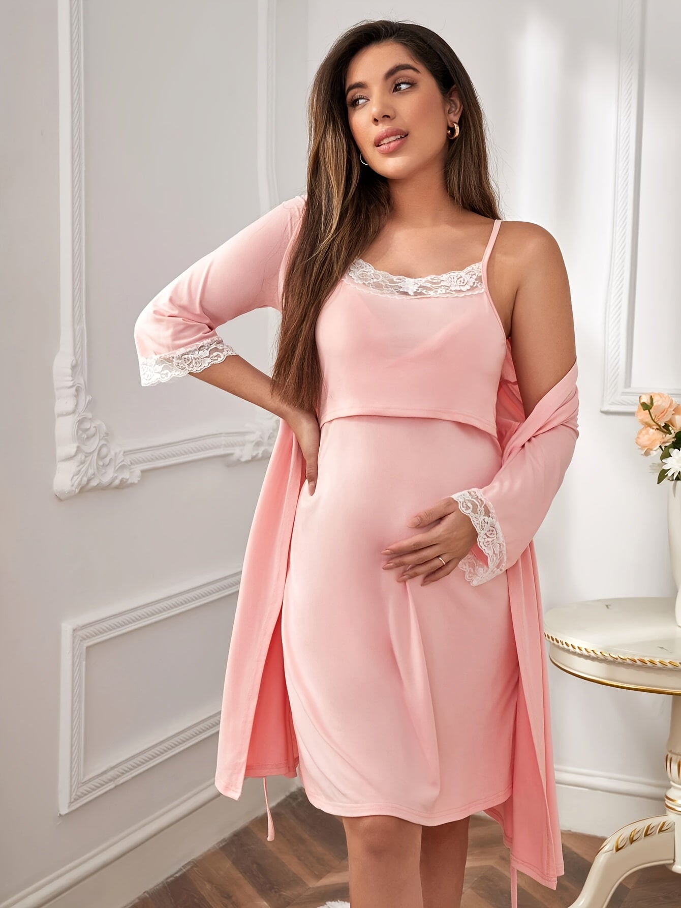 Pyjama de maternité  à dentelle, ensemble de 2 robes, chemise de nuit d'allaitement, tenue adaptée à l'allaitement, vêtement de maternité de printemps